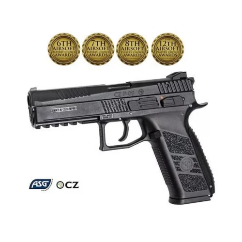 ASG CZ P-09 siyah blowback 6mm kalibre airsoft tabanca, lisanslı taktik antrenman silahı.