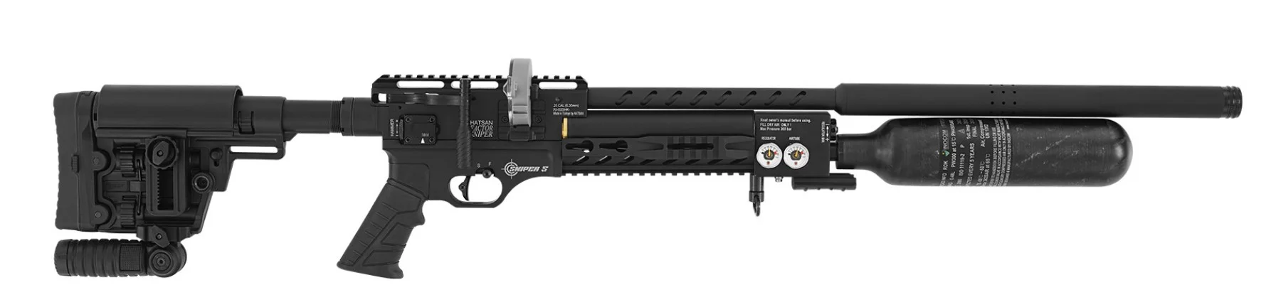 Hatsan Factor Sniper PCP Havalı Tüfek Hatsan Factor Sniper taktik PCP havalı tüfek ayarlanabilir regülatör ve karbon fiber tüp.