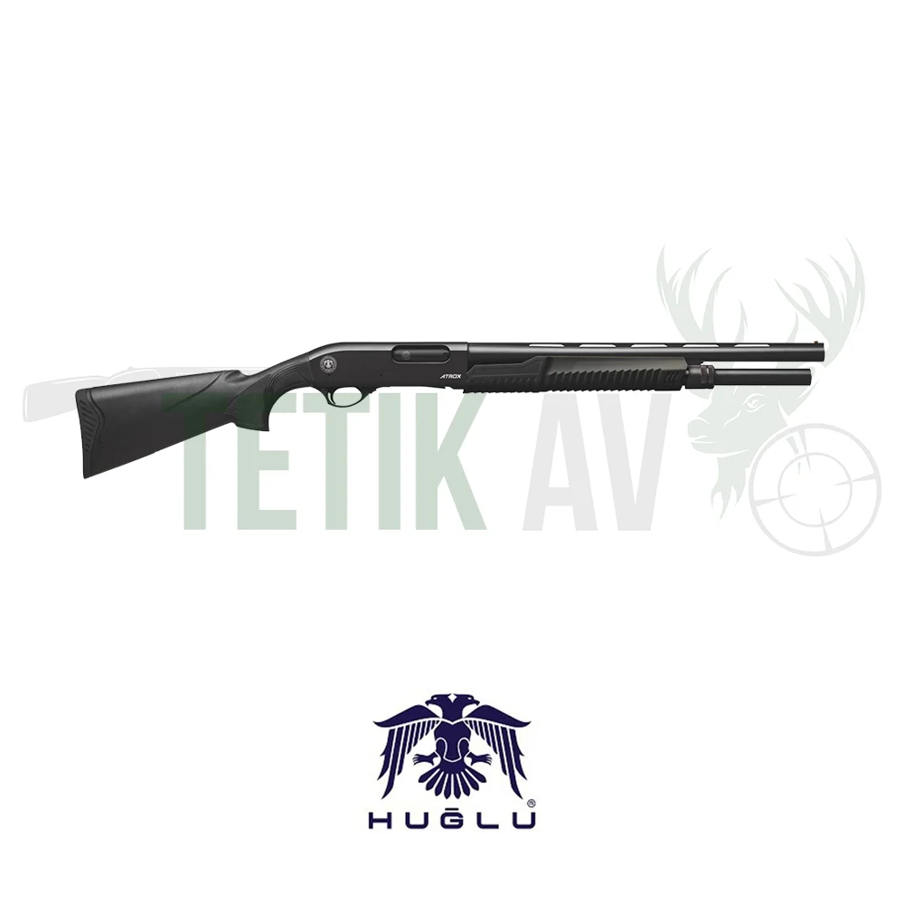 Huğlu Atrox 12 Kalibre Pompalı Huğlu Atrox Standart 12 Kalibre pompalı av tüfeği, siyah sentetik dipçikli taktik yivsiz silah.