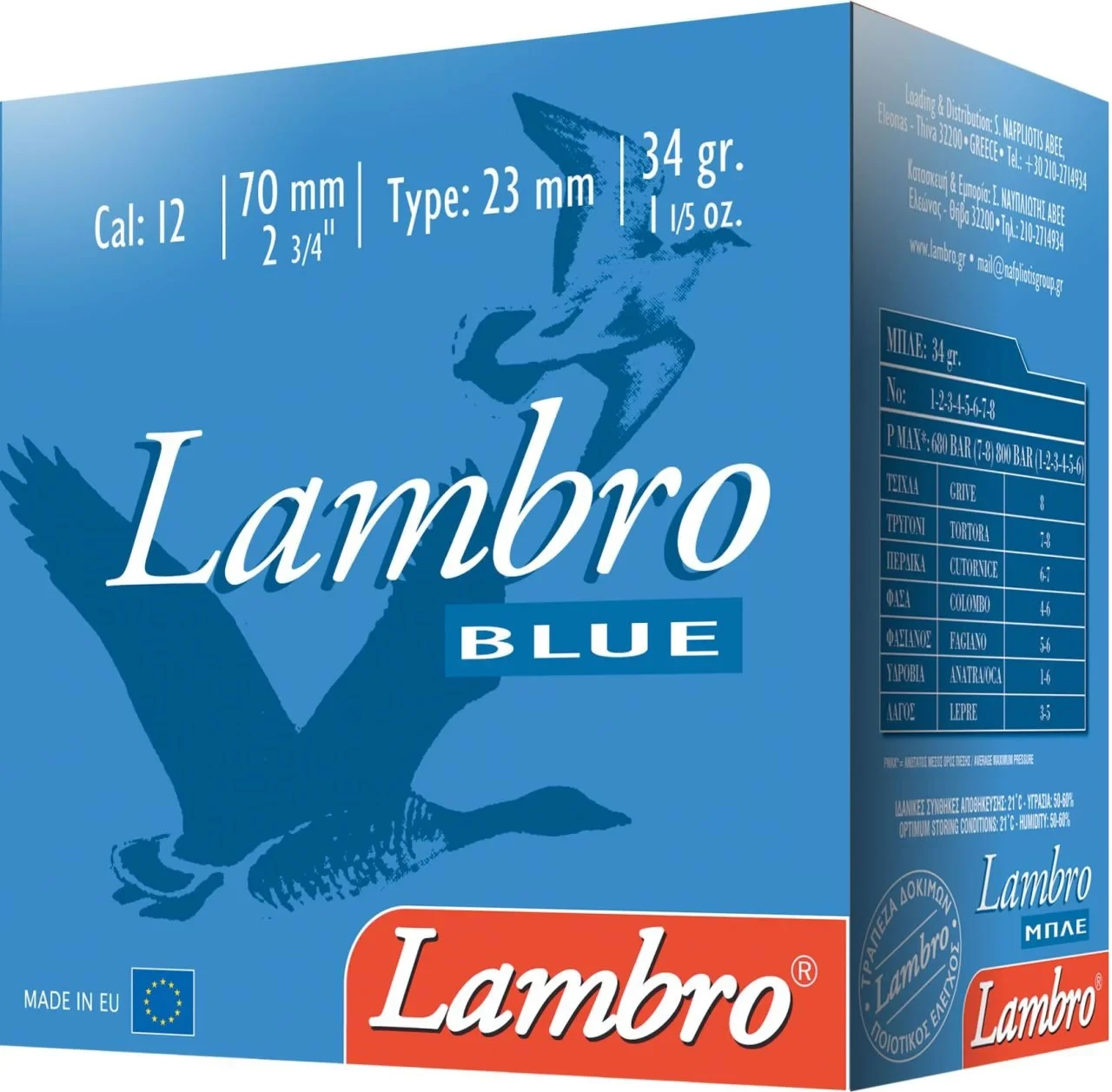 Lambro Blue 34 gram 12 kalibre yüksek performanslı ağır yük av fişeği.