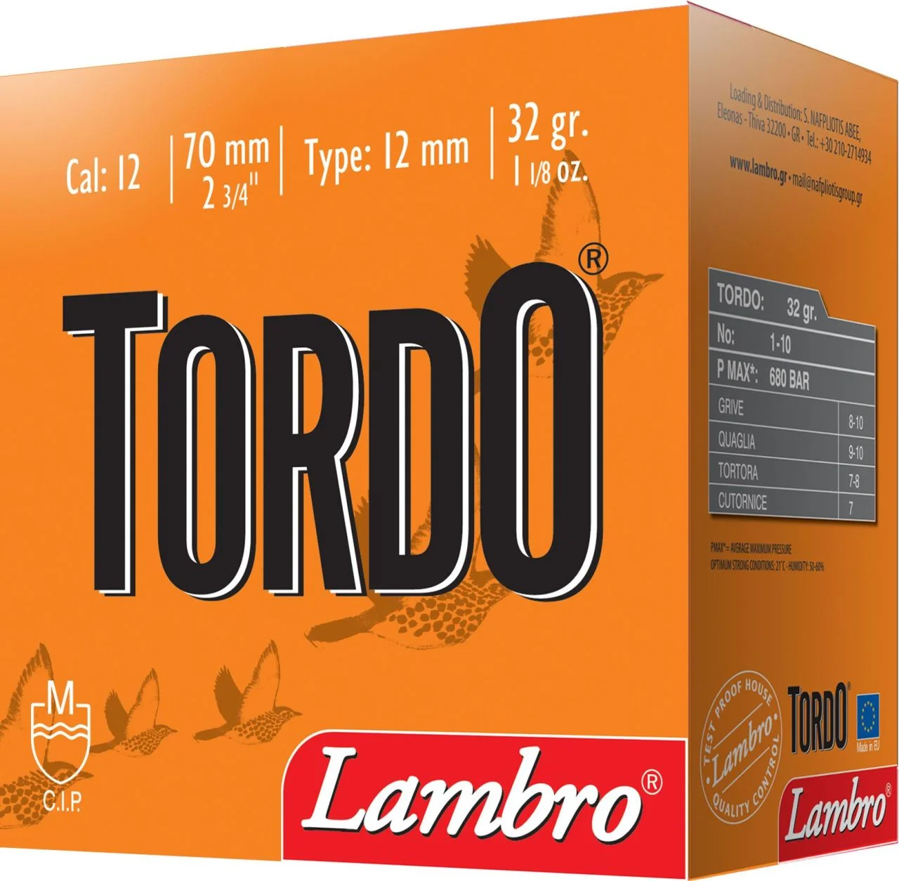 12 kalibre Lambro Tordo 32 gram av fişeği, uçar avları için yüksek performanslı mühimmat.