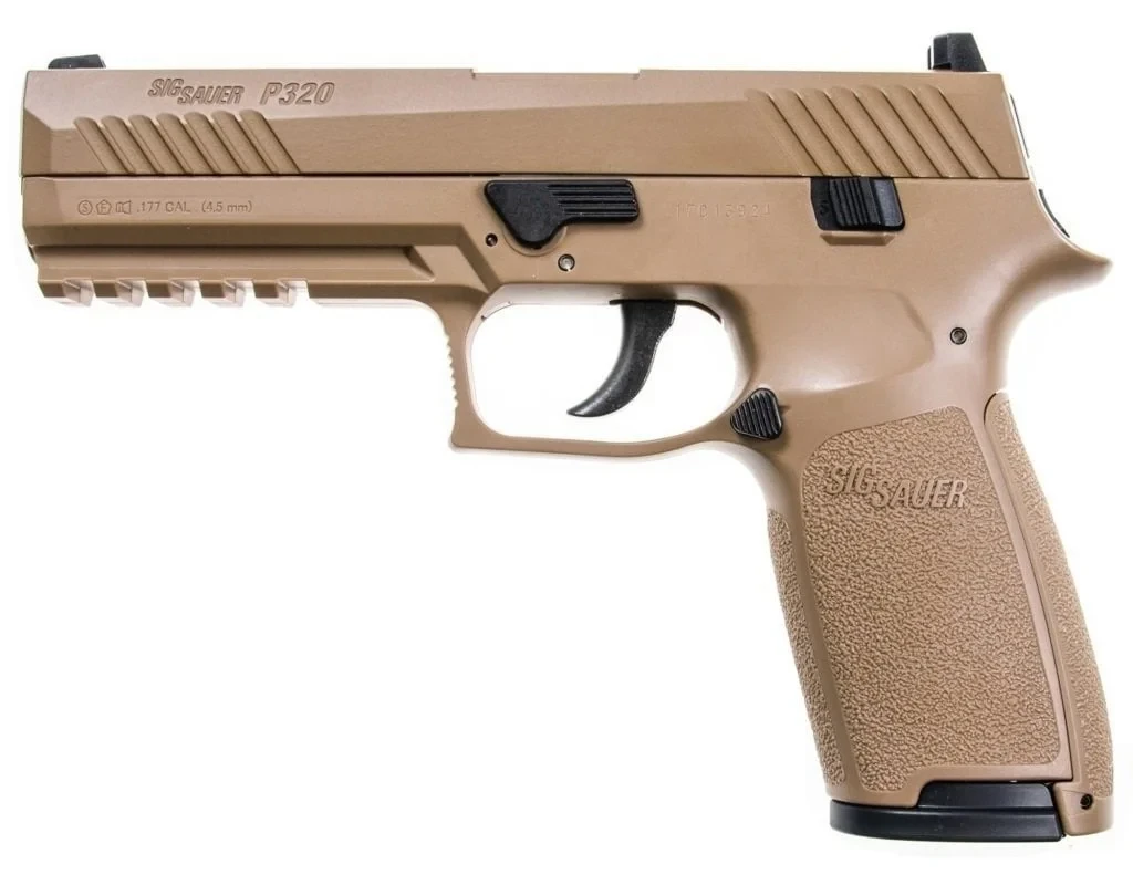 Sig Sauer P320 Havalı Tabanca Sig Sauer P320 Desert Blowback 4.5mm havalı tabanca, taktik atış ve eğitim modelidir.