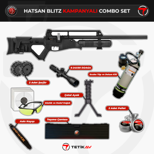 Hatsan Blitz tam otomatik PCP havalı tüfek, scuba tüp ve dürbünlü kampanyalı combo set.