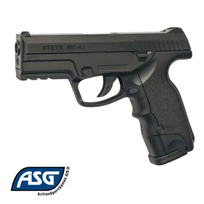 ASG Steyr M9-A1 siyah 4.5mm CO2 havalı tabanca, 3.3 Joule yüksek güçlü atış performansı.