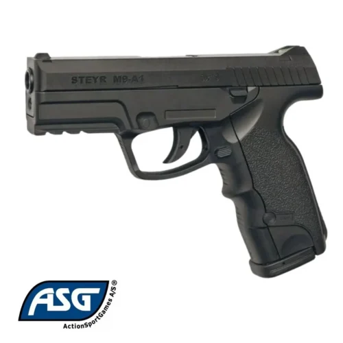 ASG Steyr M9-A1 siyah 4.5mm CO2 havalı tabanca, 3.3 Joule yüksek güçlü atış performansı.