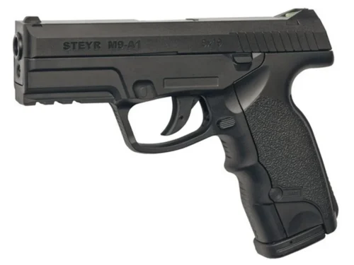 ASG Steyr M9-A1 siyah 4.5mm CO2 havalı tabanca, 3.3 Joule yüksek güçlü atış performansı.