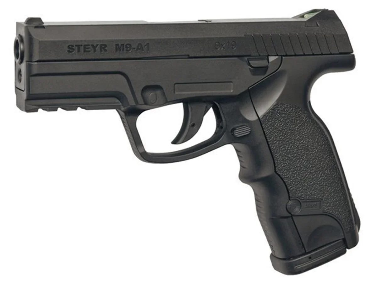 ASG Steyr M9-A1 siyah 4.5mm CO2 havalı tabanca, 3.3 Joule yüksek güçlü atış performansı.