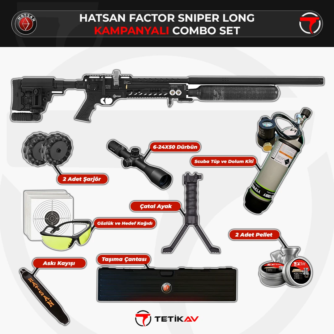 Hatsan Factor Sniper Long PCP havalı tüfek ve scuba tüplü kampanyalı taktik set.