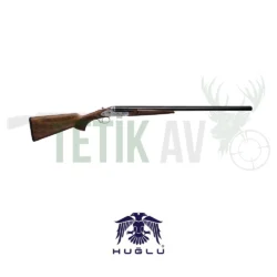 Huğlu 200 Ace GR5 12 kalibre çifte av tüfeği, ceviz kundak ve gravürlü gövde.