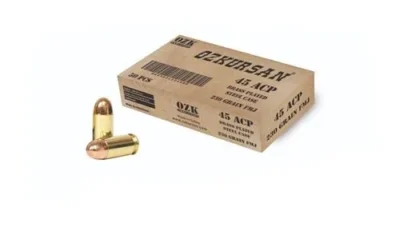 Özkursan 45 ACP 230 Grain FMJ çelik kovanlı tabanca fişeği ve poligon mühimmatı.