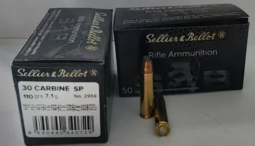 Sellier & Bellot .30 M1 Carbine FMJ 110 Grain yivli tüfek fişeği.