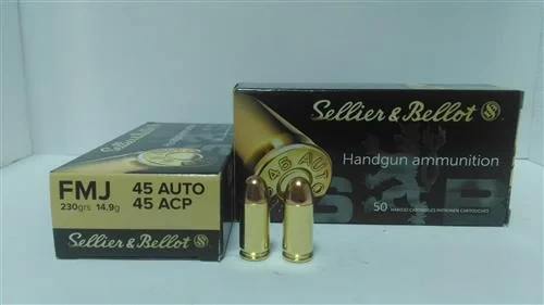 Sellier & Bellot .45 ACP FMJ 230 grain tabanca fişeği, poligon ve eğitim mühimmatı.