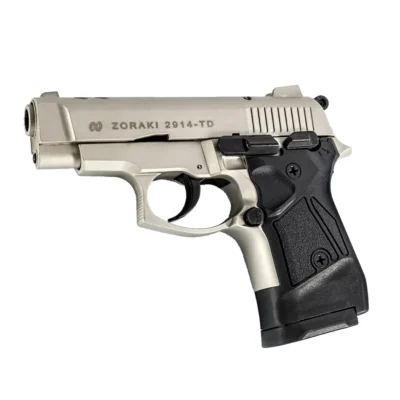 Zoraki 2914 9mm saten kurusıkı ses tabancası, 14+1 şarjör kapasiteli yarı otomatik model.