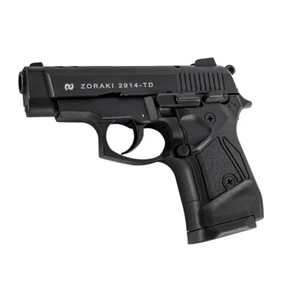 Zoraki 2914 9mm siyah kurusıkı ses tabancası, 14+1 kapasiteli tasarım.