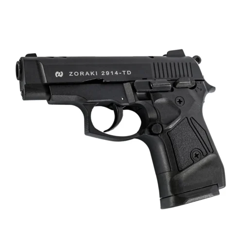 Zoraki 2914 9mm siyah kurusıkı ses tabancası, 14+1 kapasiteli tasarım.