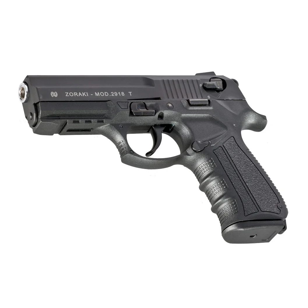 Zoraki 2918-T 9mm Kurusıkı Tabanca Zoraki 2918-T 9mm kurusıkı ses tabancası, polimer gövdeli yarı otomatik eğitim ve savunma silahı.