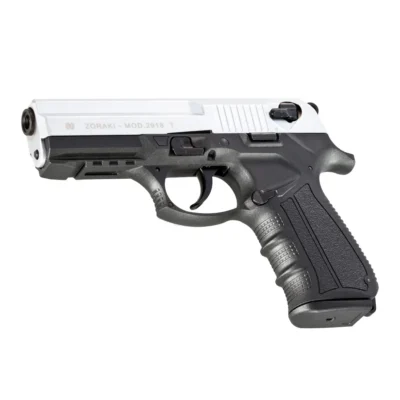 Zoraki 2918-T 9mm yarı otomatik kurusıkı ses tabancası mat krom renk seçeneğiyle.