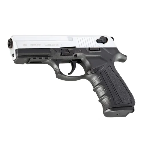 Zoraki 2918-T 9mm yarı otomatik kurusıkı ses tabancası mat krom renk seçeneğiyle.