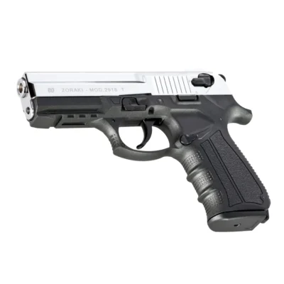 Zoraki 2918-T 9mm yarı otomatik kurusıkı ses tabancası parlak krom modeli, dayanıklı polimer gövde.