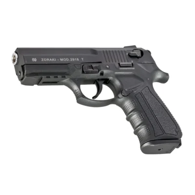 Zoraki 2918-T 9mm yarı otomatik siyah kurusıkı ses tabancası polimer gövdeli taktik model.