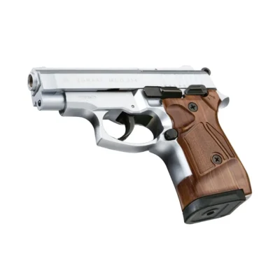 Zoraki 914 9mm yarı otomatik kurusıkı ses tabancası mat krom varyasyonu.