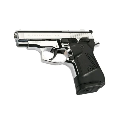 Zoraki 914 yarı otomatik 9mm kurusıkı ses tabancası, parlak krom renk seçeneği.