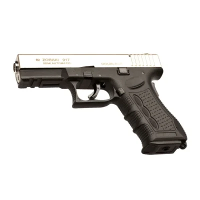 Zoraki 917 9mm yarı otomatik saten kurusıkı ses tabancası, polimer gövde ve çift hareketli mekanizma.