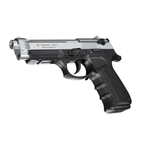 Zoraki 918 9mm yarı otomatik mat krom kurusıkı ses tabancası, polimer gövde tasarımı.