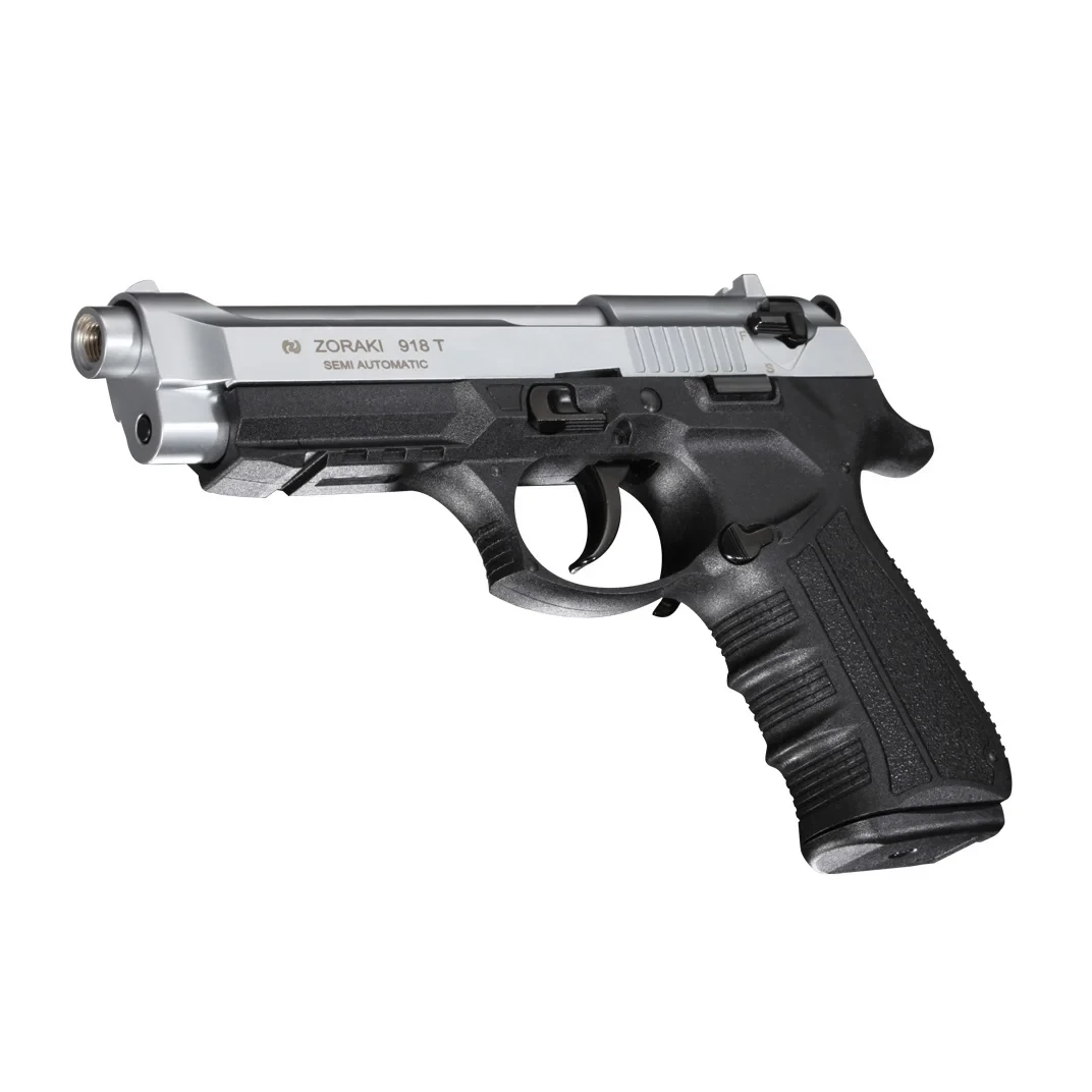 Zoraki 918 9mm yarı otomatik mat krom kurusıkı ses tabancası, polimer gövde tasarımı.