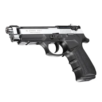 Zoraki 918 9mm yarı otomatik parlak krom kurusıkı ses tabancası, 18+1 kapasiteli taktik model.