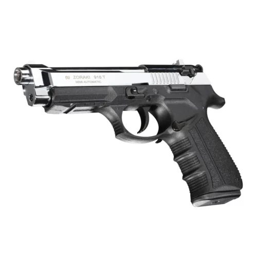 Zoraki 918 9mm yarı otomatik parlak krom kurusıkı ses tabancası, 18+1 kapasiteli taktik model.