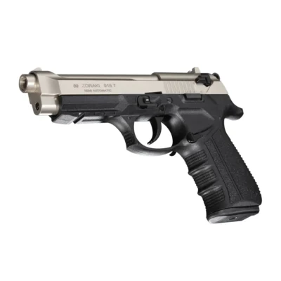 Zoraki 918 9mm yarı otomatik kurusıkı ses tabancası saten renkli üst kapak tasarımı.