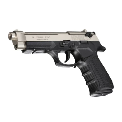 Zoraki 918 9mm yarı otomatik kurusıkı ses tabancası saten renkli üst kapak tasarımı.