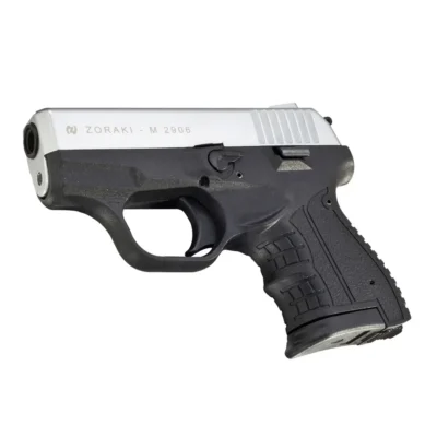 Zoraki M2906 9mm yarı otomatik mat krom kurusıkı ses tabancası, ergonomik polimer gövde.