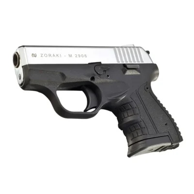 Zoraki M2906 9mm yarı otomatik kurusıkı ses tabancası, parlak krom kızaklı kompakt taktik model.