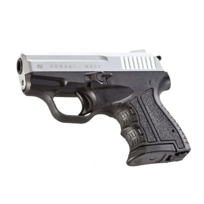 Zoraki M807 cep boy kompakt 9mm kurusıkı ses tabancası mat krom varyasyonu.