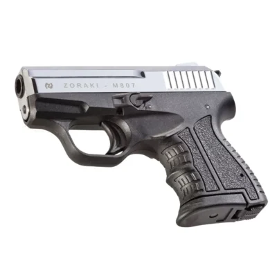 Zoraki M807 kompakt 9mm kurusıkı ses tabancası, parlak krom tasarımı.