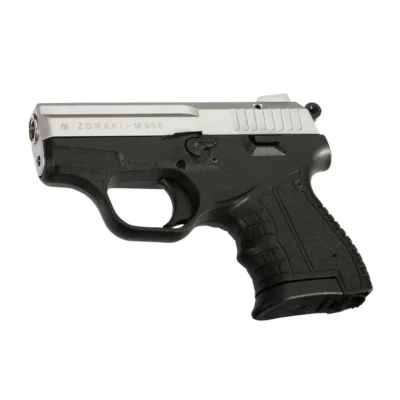 Zoraki M906 9mm yarı otomatik kurusıkı ses tabancası, mat krom varyasyonu.