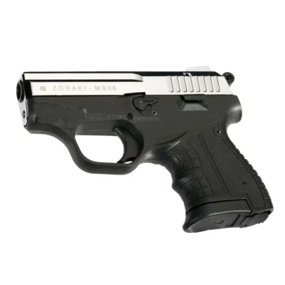 Zoraki M906 9mm yarı otomatik kurusıkı ses tabancası, parlak krom ayna efektli kompakt tasarım.