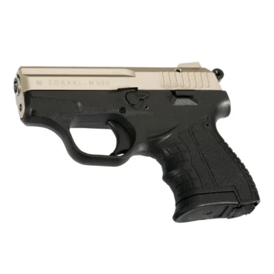Zoraki M906 9mm kurusıkı ses tabancası saten kaplama, kompakt ve polimer gövde.