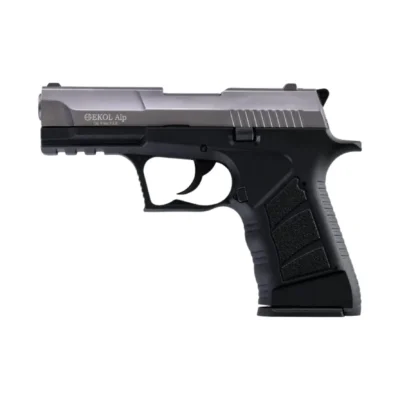 Ekol Alp 9mm kurusıkı ses tabancası füme renk, polimer gövdeli taktik savunma modeli.