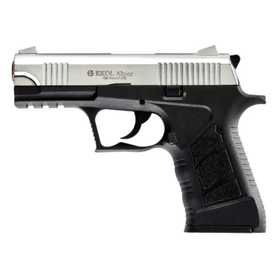 Ekol Alper 9mm kalibre yarı otomatik kurusıkı ses tabancası, parlak beyaz renkli taktik tasarımı.