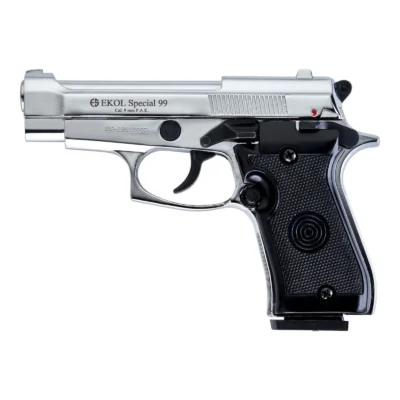Ekol Special 99 Classic 9mm yarı otomatik kurusıkı ses tabancası parlak beyaz renk seçeneği.