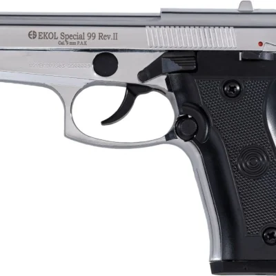 Ekol Special 99 Rev 2 9mm parlak beyaz kurusıkı ses tabancası yarı otomatik mekanizma.