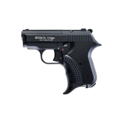 Ekol Volga 9mm yarı otomatik mini kurusıkı ses tabancası siyah renkli, 6+1 kapasiteli.
