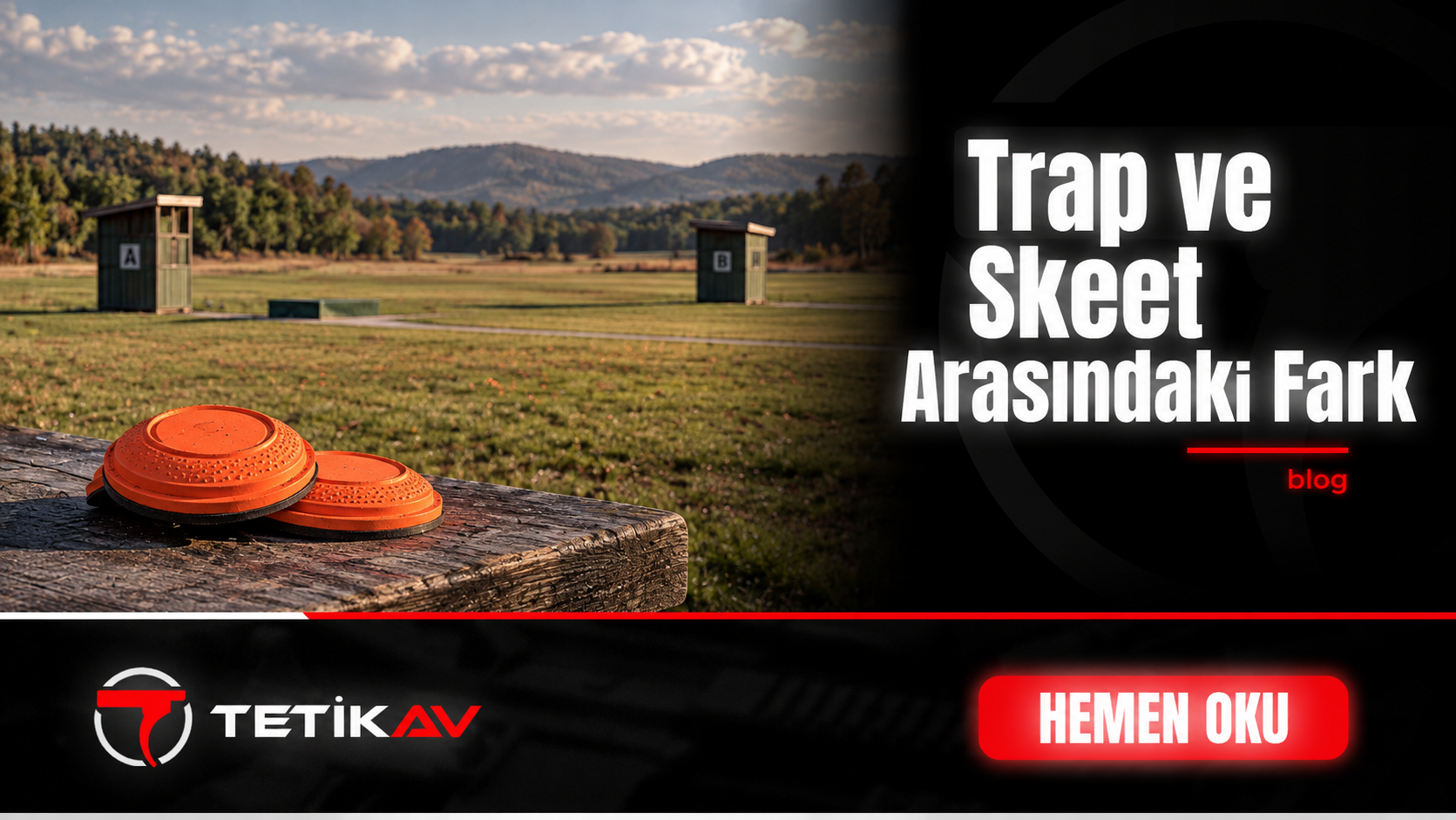 Trap ve skeet sporlarını temsil eden boş saha ve turuncu plak hedefler